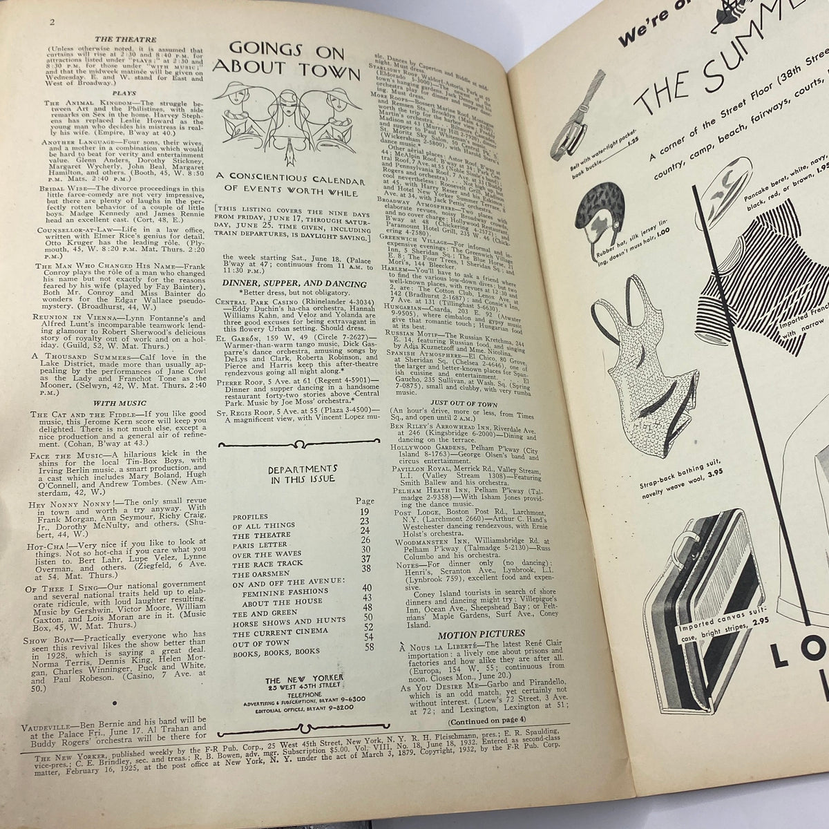 Interior page from The New Yorker Complete Magazine June 18, 1932 featuring event listings and advertisements, showcasing early 20th century design.