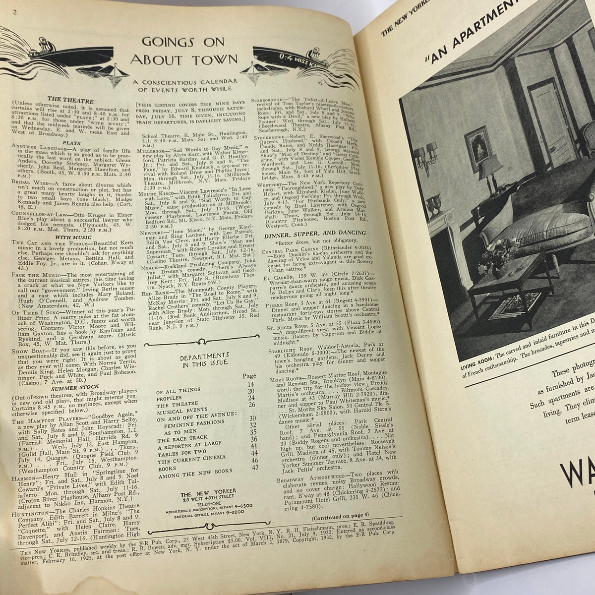 Interior of The New Yorker Complete Magazine July 9, 1932 featuring a calendar of events with details about theatre, music, and dining options.