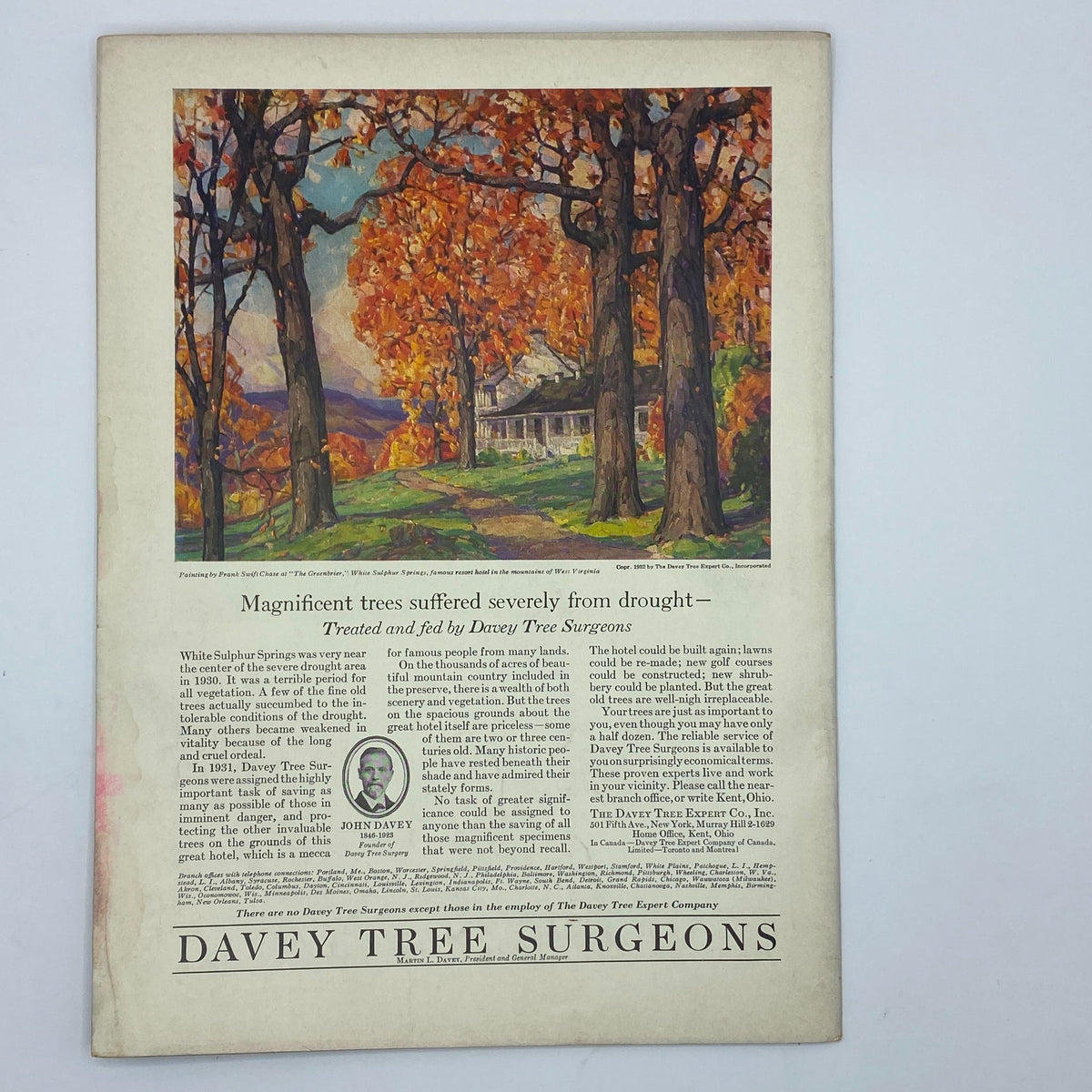 Back cover of The New Yorker Complete Magazine July 2, 1932 with an advertisement for Davey Tree Surgeons, including a beautiful autumn landscape painting by Frank S. Earle.