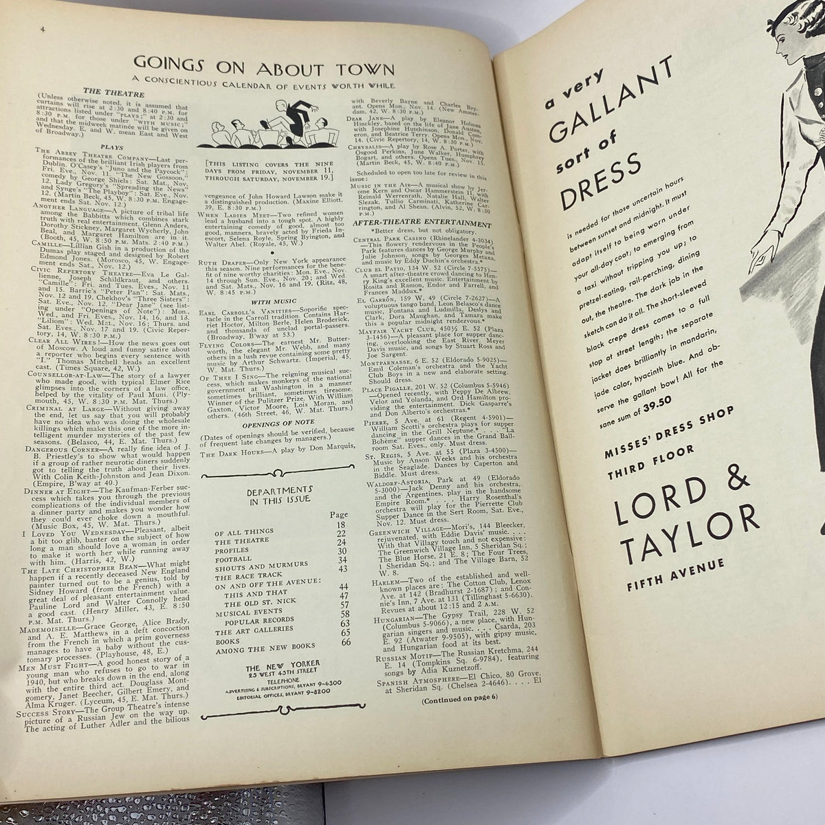 Interior page of The New Yorker Complete Magazine from November 12, 1932, featuring the 'Goings On About Town' section, highlighting plays and events in New York.