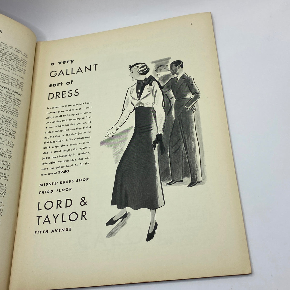 Advertisement for Lord & Taylor in The New Yorker Complete Magazine November 12, 1932, showcasing a stylish dress called 'a very gallant sort of dress'.