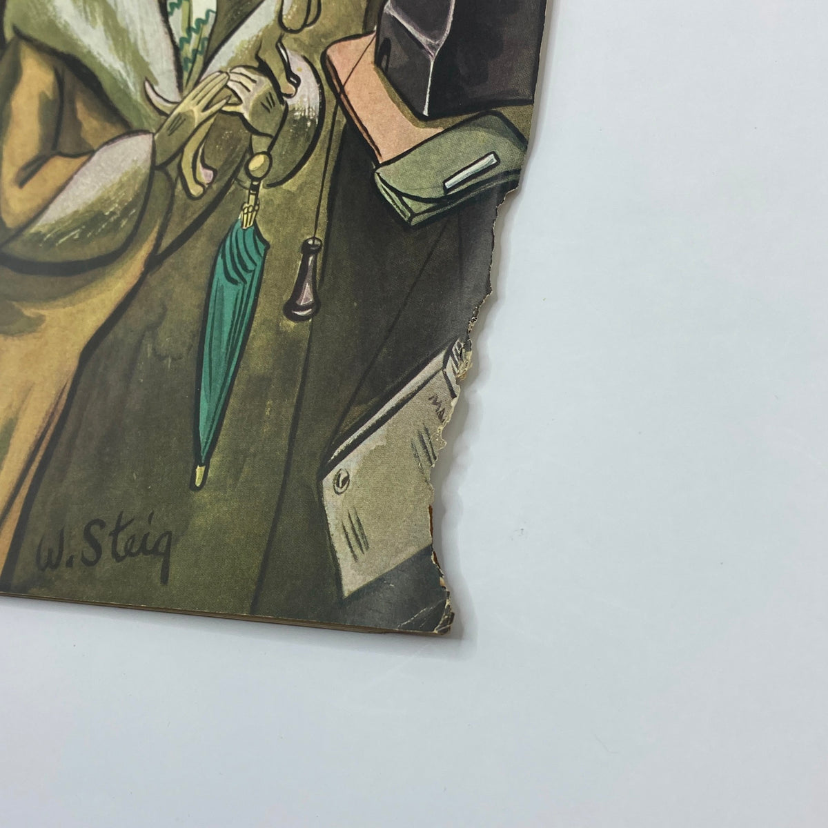 Close-up of damaged corner of The New Yorker Complete Magazine October 15, 1932 William Steig Cover, showing wear and artistic details by William Steig.