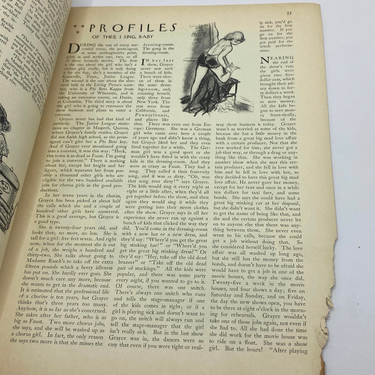 Excerpt from the article 'Profiles of Thee I Sing, Baby' with illustrations in The New Yorker Complete Magazine October 15, 1932 William Steig Cover, highlighting early 20th-century storytelling.