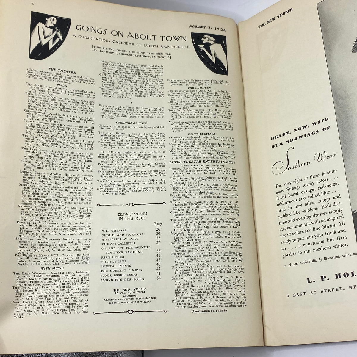 Goes On About Town feature from The New Yorker Complete Magazine January 2, 1932, showcasing a calendar of events with illustrations and text details.