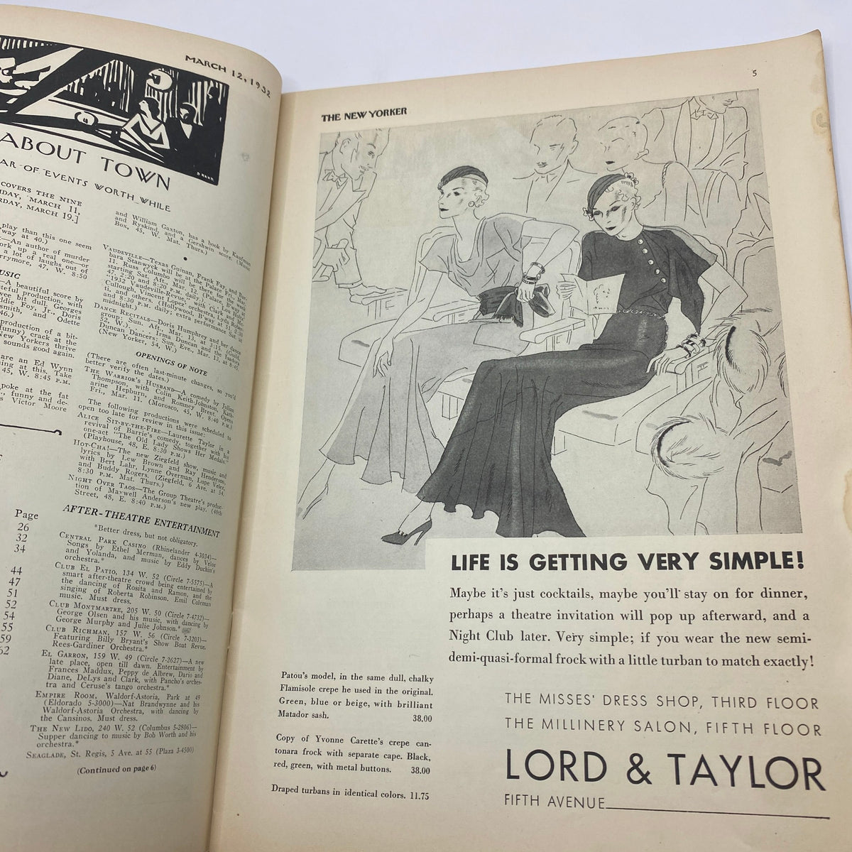 Another interior page of The New Yorker Complete Magazine March 12, 1932 displaying a fashion advertisement titled 'Life is Getting Very Simple!' with elegant illustrations of women in stylish dresses.