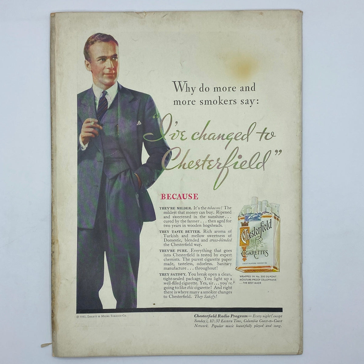 Vintage advertisement featuring a man in a suit promoting Chesterfield cigarettes, with the phrase "I've changed to Chesterfield" and details highlighting their mildness and taste. Part of The New Yorker Complete Magazine March 12, 1932 Rea Irvin Cover.