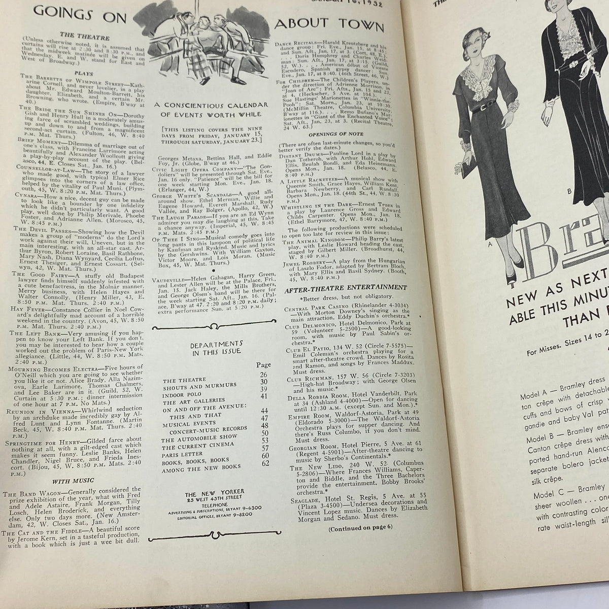 Interior pages of The New Yorker magazine from January 16, 1932 featuring events and entertainment listings, highlighting the cultural vibrancy of the era.