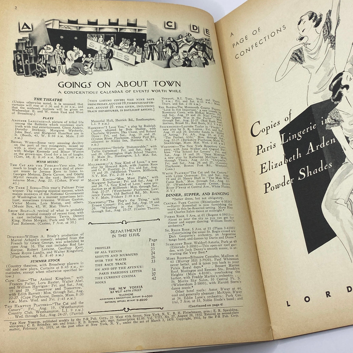 Interior of The New Yorker magazine from August 20, 1932, featuring a calendar of events and theatrical listings, highlighting the cultural vibrancy of 1930s New York in The New Yorker Complete Magazine August 20, 1932.