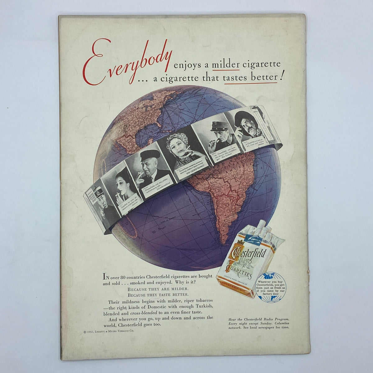 Advertisement for Chesterfield cigarettes featuring a globe and celebrity endorsements, illustrating mid-20th century marketing in The New Yorker Complete Magazine August 20, 1932.