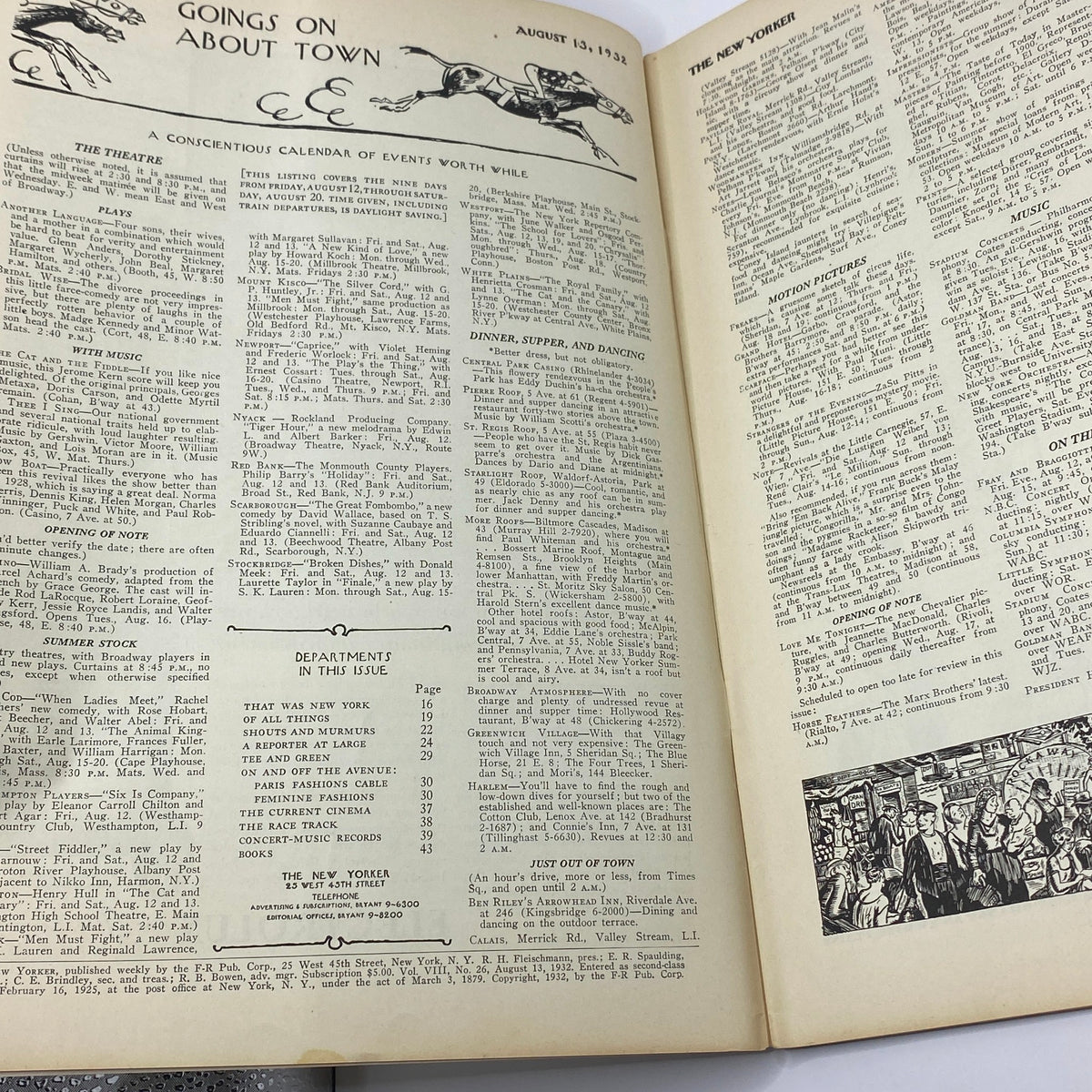 Inside pages of The New Yorker Complete Magazine August 13, 1932 featuring a calendar of events and listings including The Theatre and Music, showcasing the magazine's historical content.