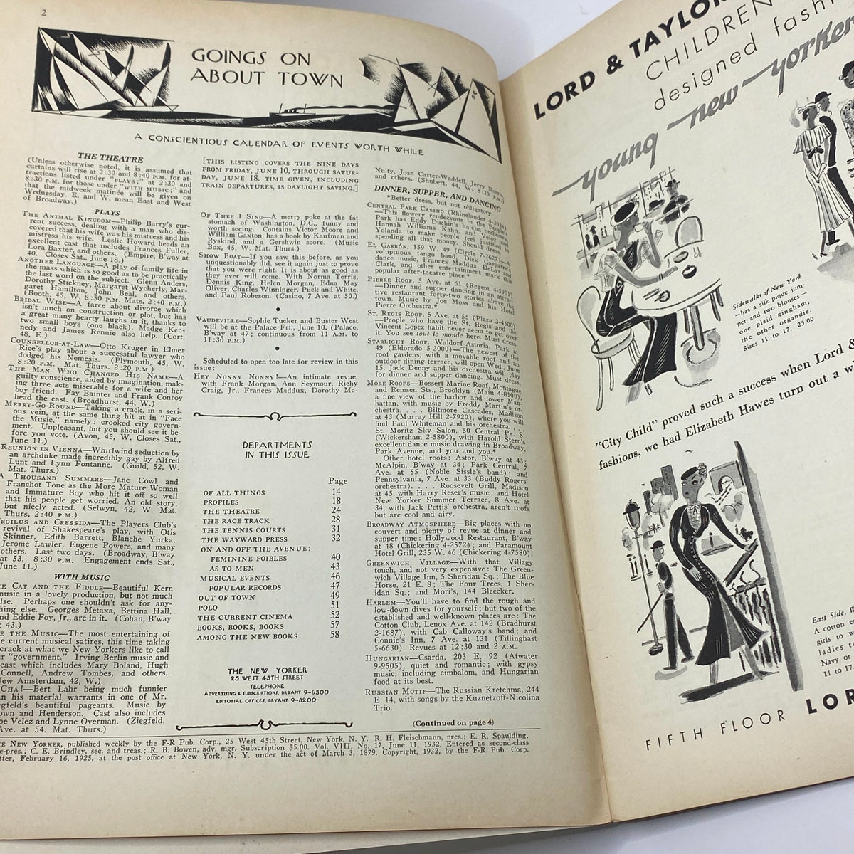 Inside pages of The New Yorker Complete Magazine June 11, 1932 featuring events calendar and fashion advertisement with stylish illustrations.