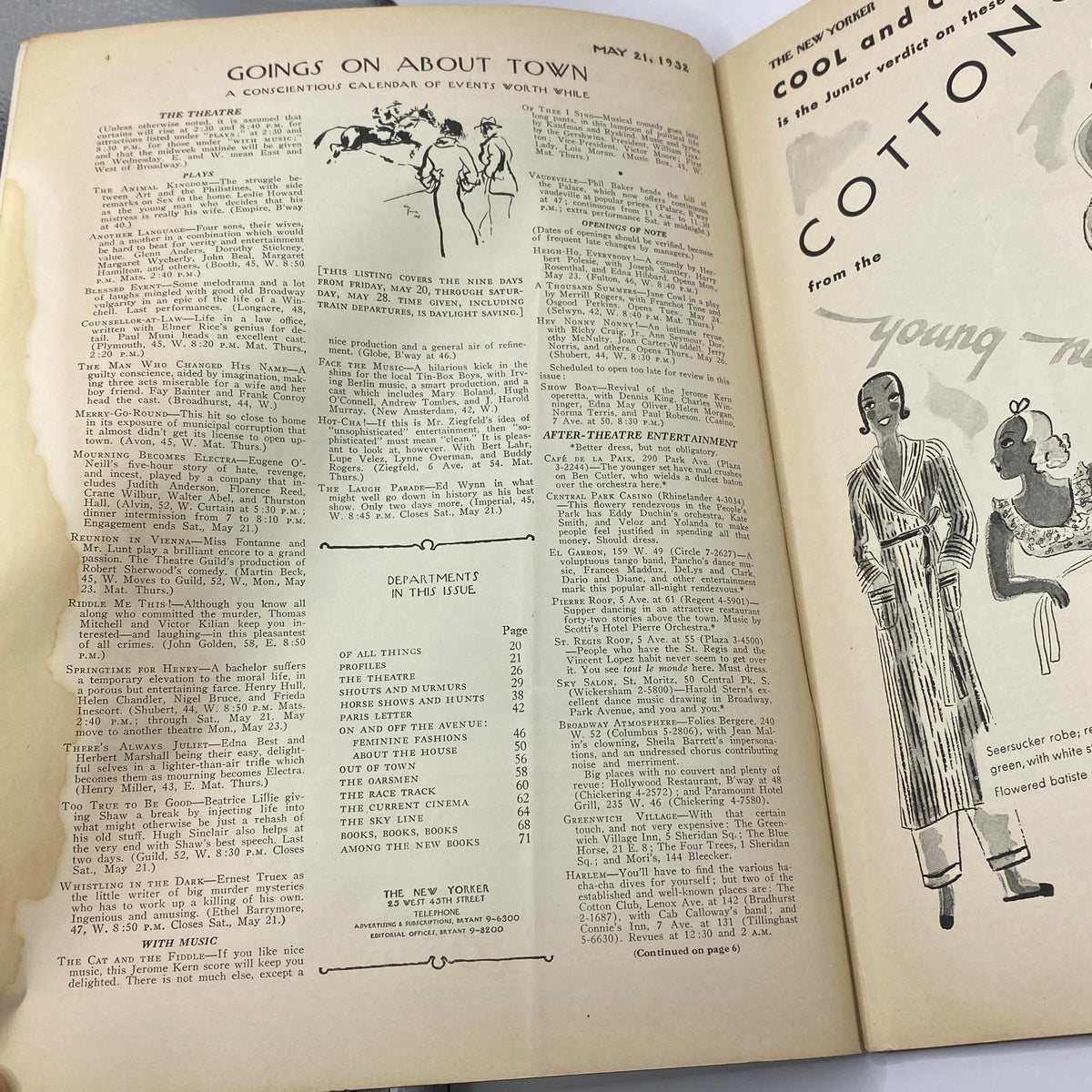 Interior page of The New Yorker Complete Magazine May 21, 1932 featuring a calendar of events titled 'Goings On About Town' with artistic illustrations and listings of cultural events.