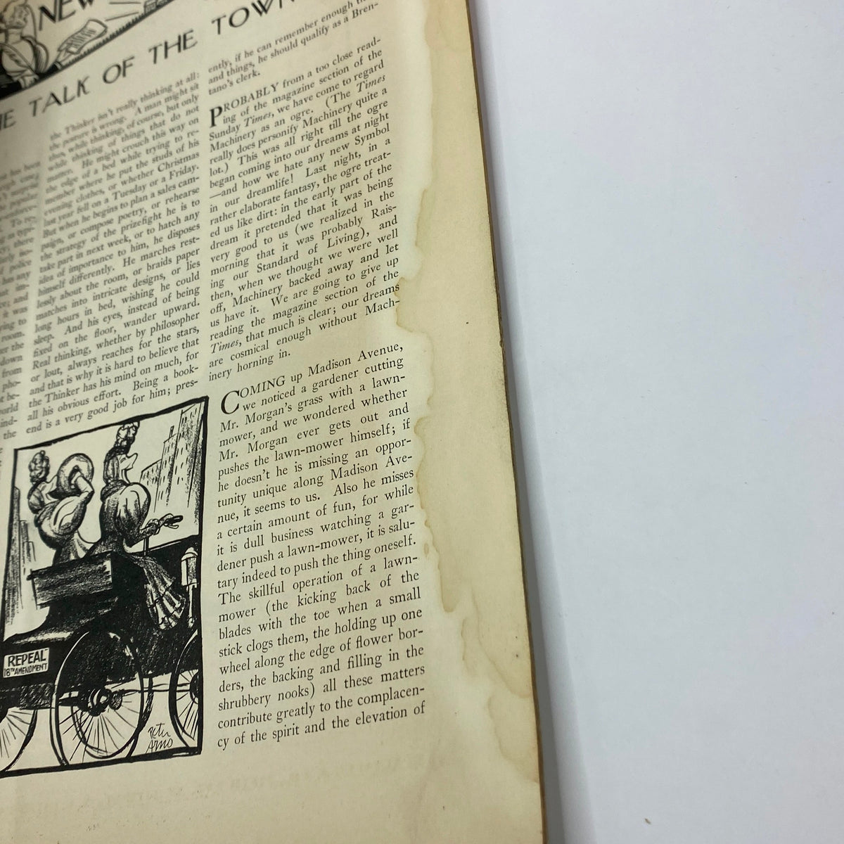 Another interior page from The New Yorker Complete Magazine May 21, 1932 displaying an article titled 'The Talk of the Town', accompanied by illustrations and vintage text layout.