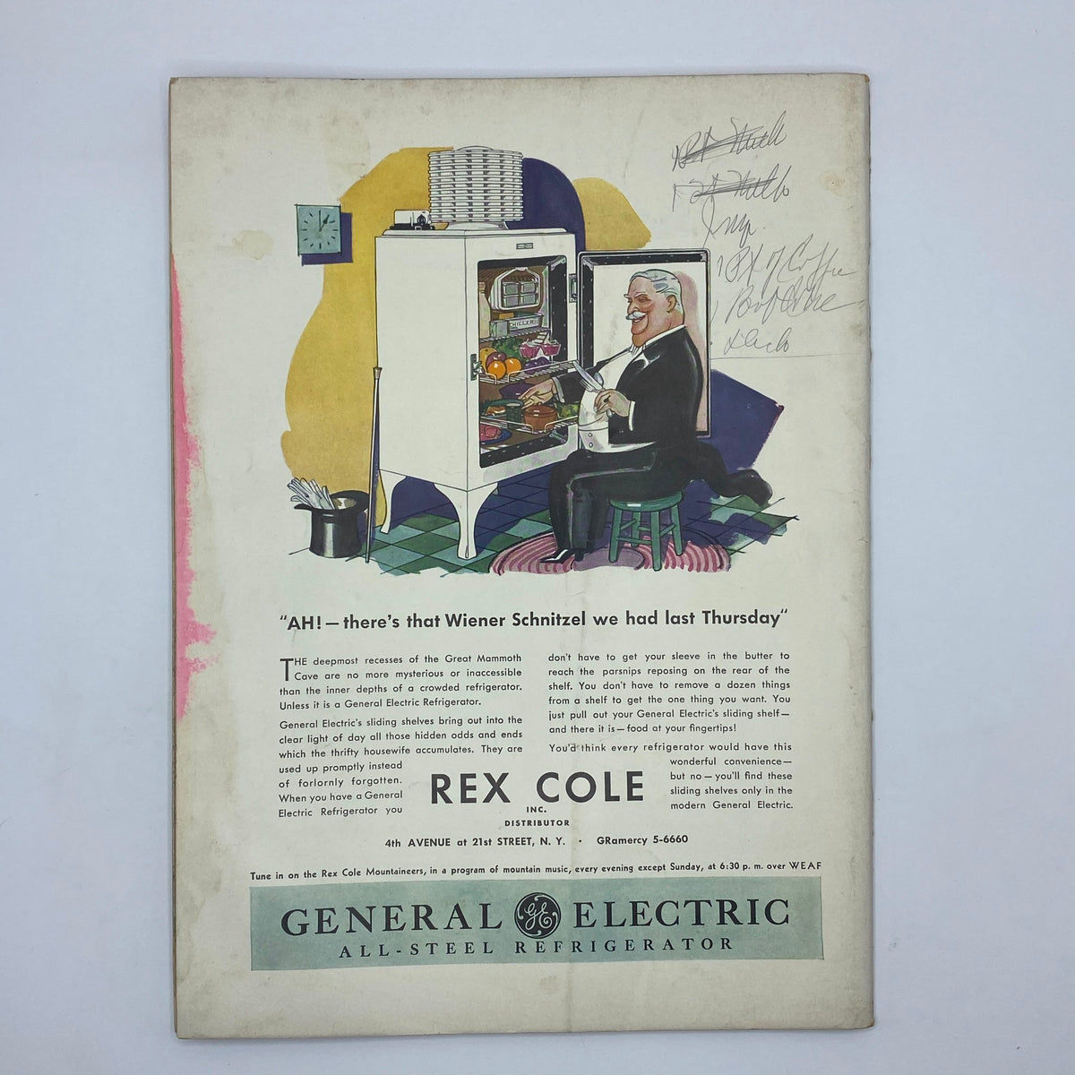 Vintage General Electric advertisement featuring a humorous cartoon of a man looking inside a refrigerator, from The New Yorker Complete Magazine May 21, 1932 Helen E. Hokinson Cover.