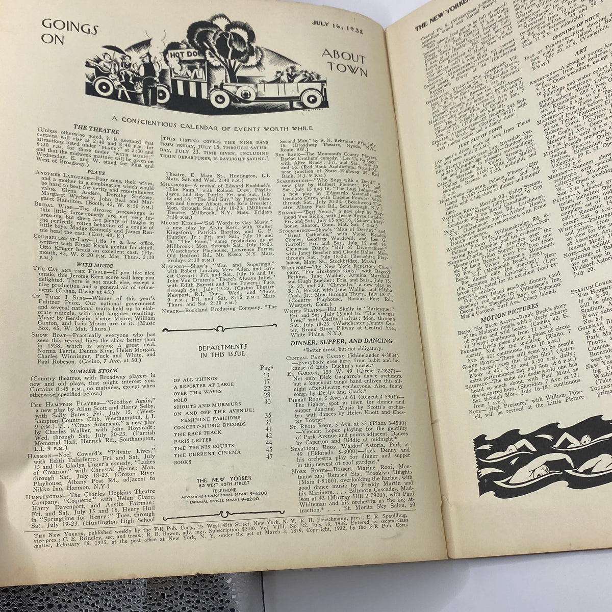 Inside page of The New Yorker magazine from July 16, 1932, featuring events calendar and cultural commentary, showcasing the magazine's elegant design.