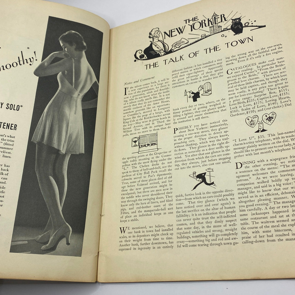 Inside page of The New Yorker magazine dated July 16, 1932, highlighting 'The Talk of the Town' article and featuring vintage fashion illustration.