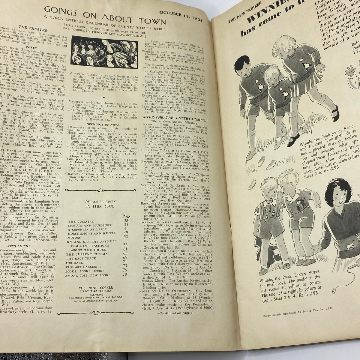 Interior pages of The New Yorker magazine, October 17, 1931 featuring the section 'Goings On About Town' with listings of plays and events. The content reflects cultural activities of early 20th century New York.