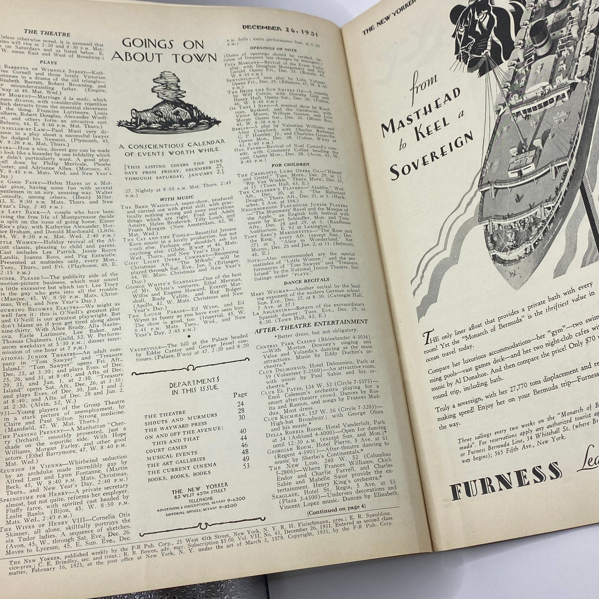 Interior page of The New Yorker Complete Magazine December 26, 1931, featuring the section 'Goings On About Town' and advertisements for various events and entertainment.