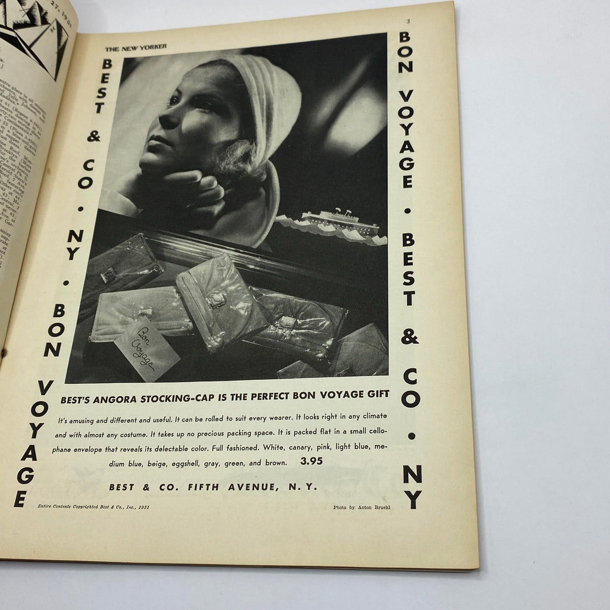 Advertisement from The New Yorker Complete Magazine June 27, 1931, promoting Best's Angora stocking-cap as a perfect gift for travelers, highlighting vintage fashion advertising.