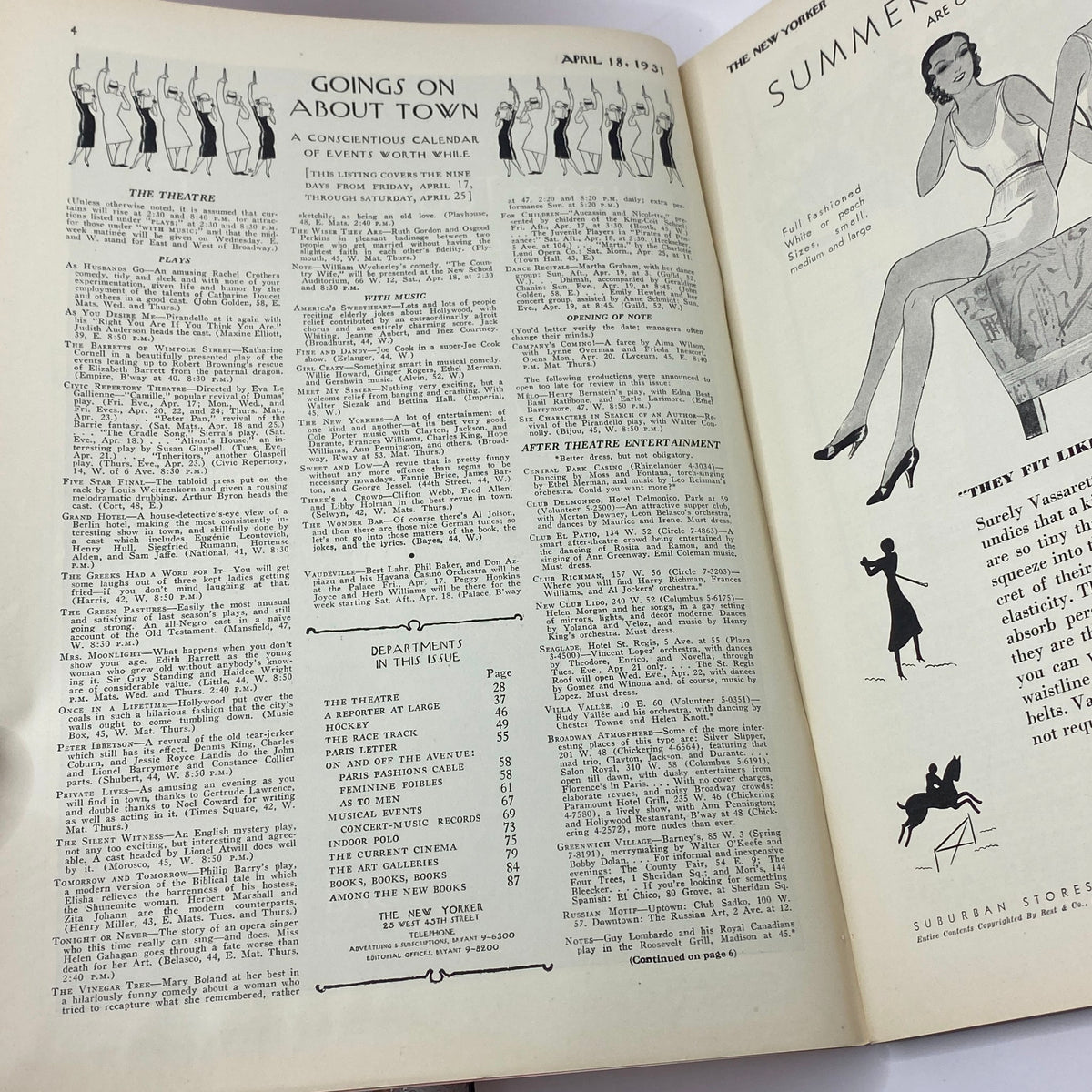 Inside pages of The New Yorker magazine from April 18, 1931, featuring events calendar and sections, highlighting the vintage aesthetics of early 20th-century journalism.