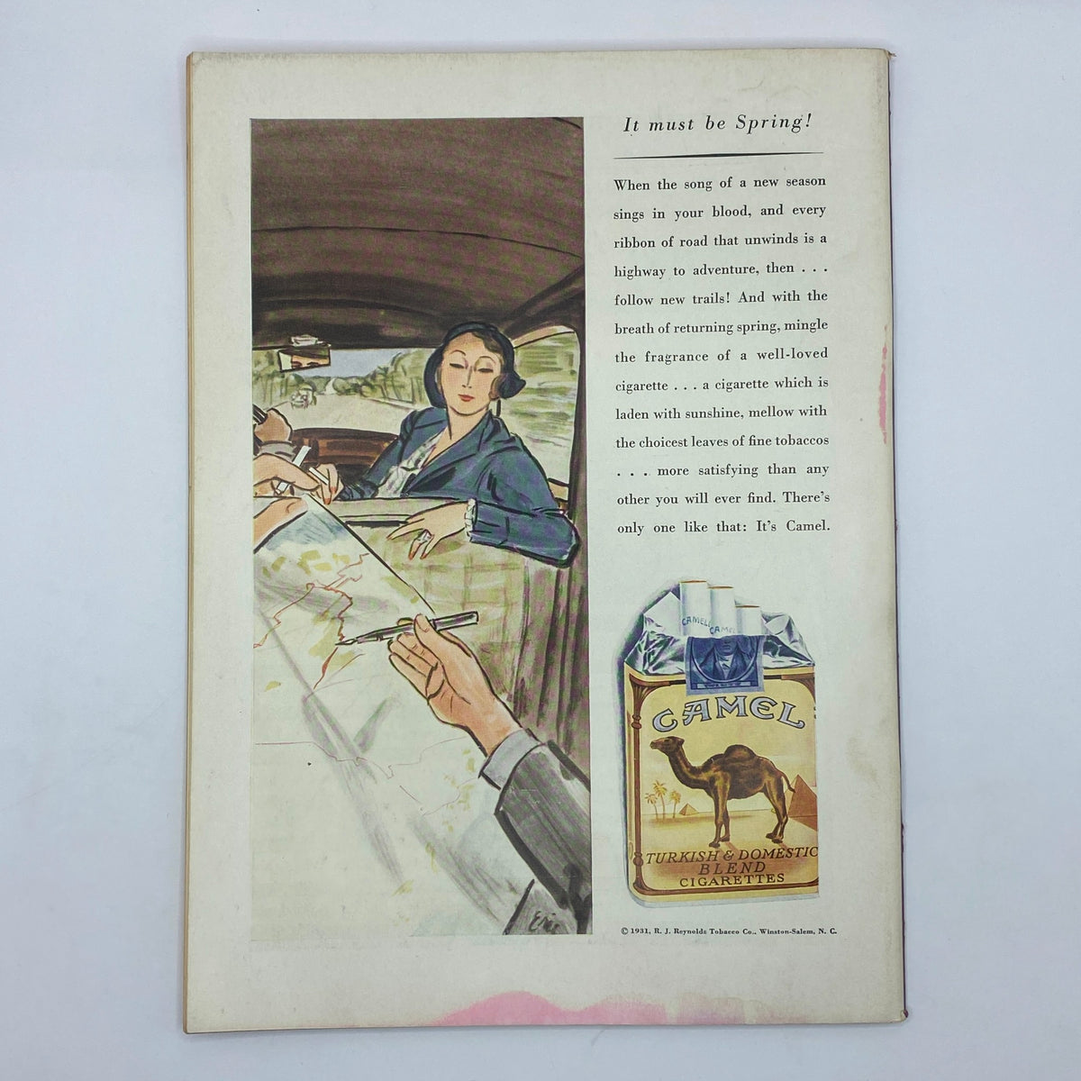 Advertisement page in The New Yorker magazine from April 18, 1931, promoting Camel cigarettes with an illustration of a woman and a man in a car, embodying the spirit of spring.