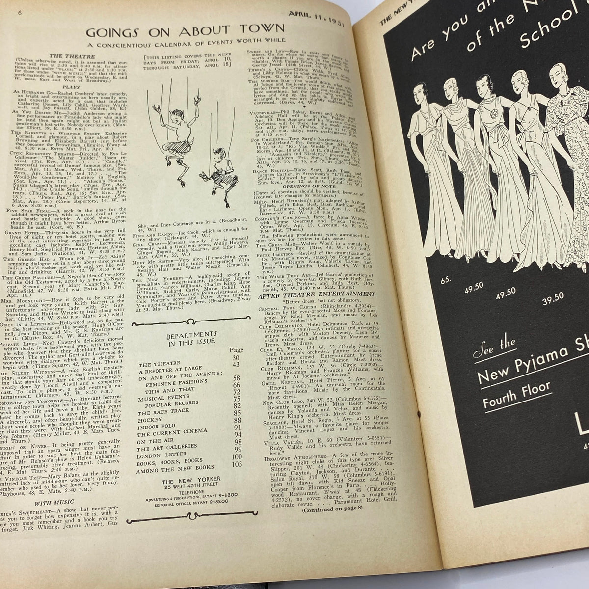 Inside page of The New Yorker magazine, April 11, 1931, featuring a calendar of events 'Goings on About Town' and details on theater entertainment.