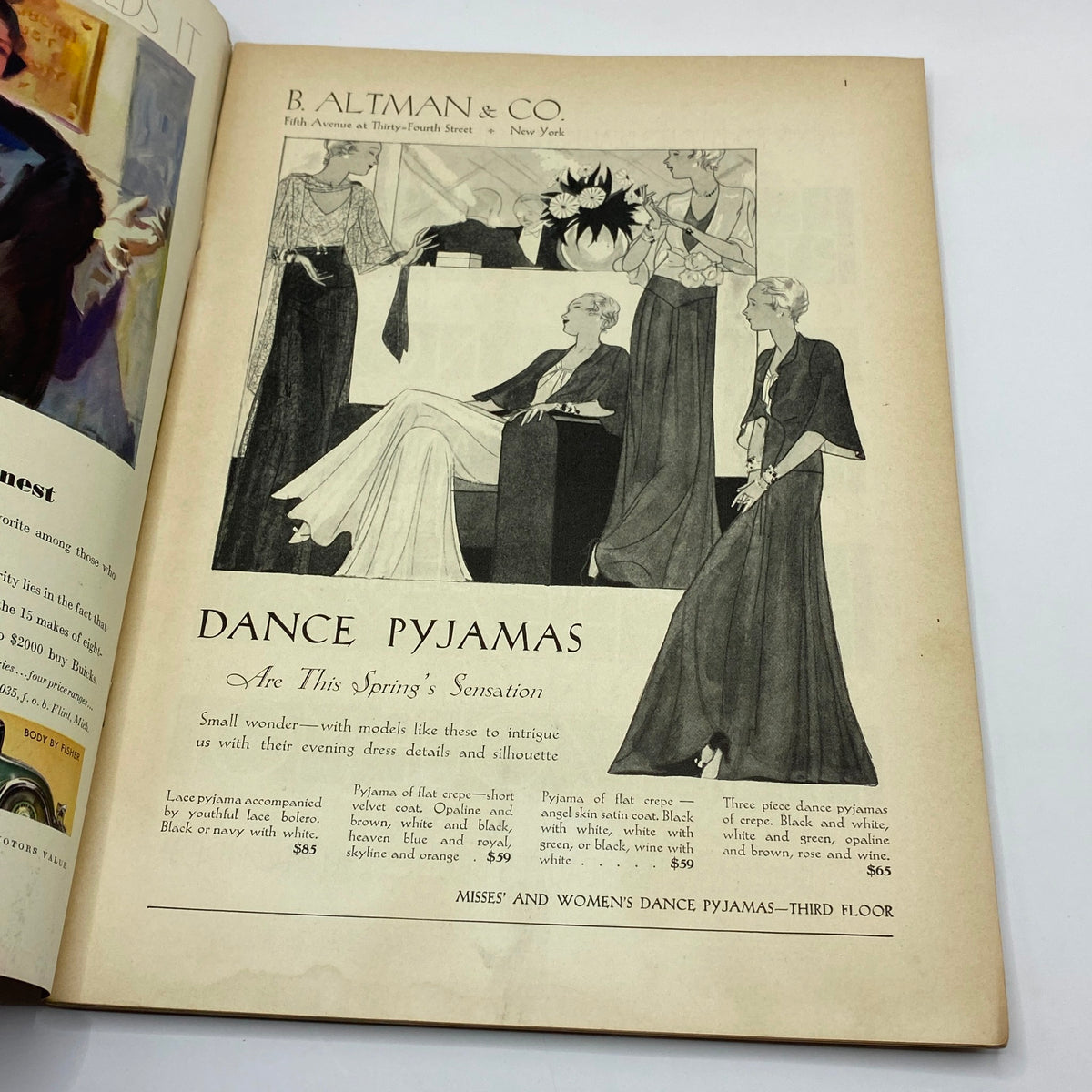 A continuation of the dance pyjamas advertisement, highlighting details and pricing, from The New Yorker magazine, April 11, 1931.