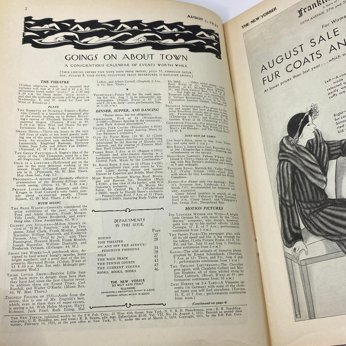 Inside pages of The New Yorker Complete Magazine August 1, 1931 featuring a calendar of events and advertisements from the era, showcasing its historical significance and vintage layout.