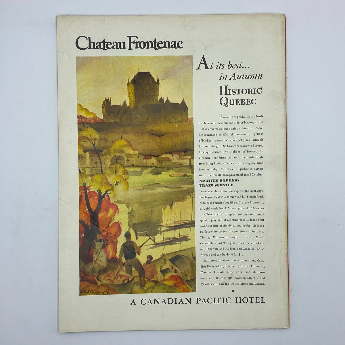 Chateau Frontenac advertisement highlighting Historic Quebec, featured in The New Yorker Complete Magazine August 1, 1931, with a picturesque autumn scene.