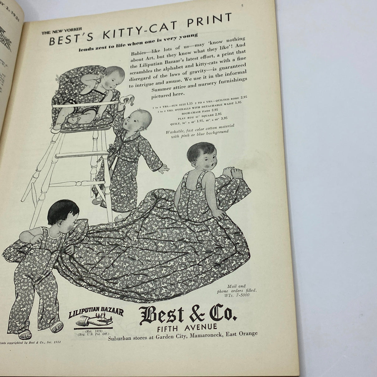 The New Yorker May 2, 1931 Best's Kitty-Cat Print advertisement featuring children in playful outfits, promoting Liliputian Bazaar's offerings for young ones.