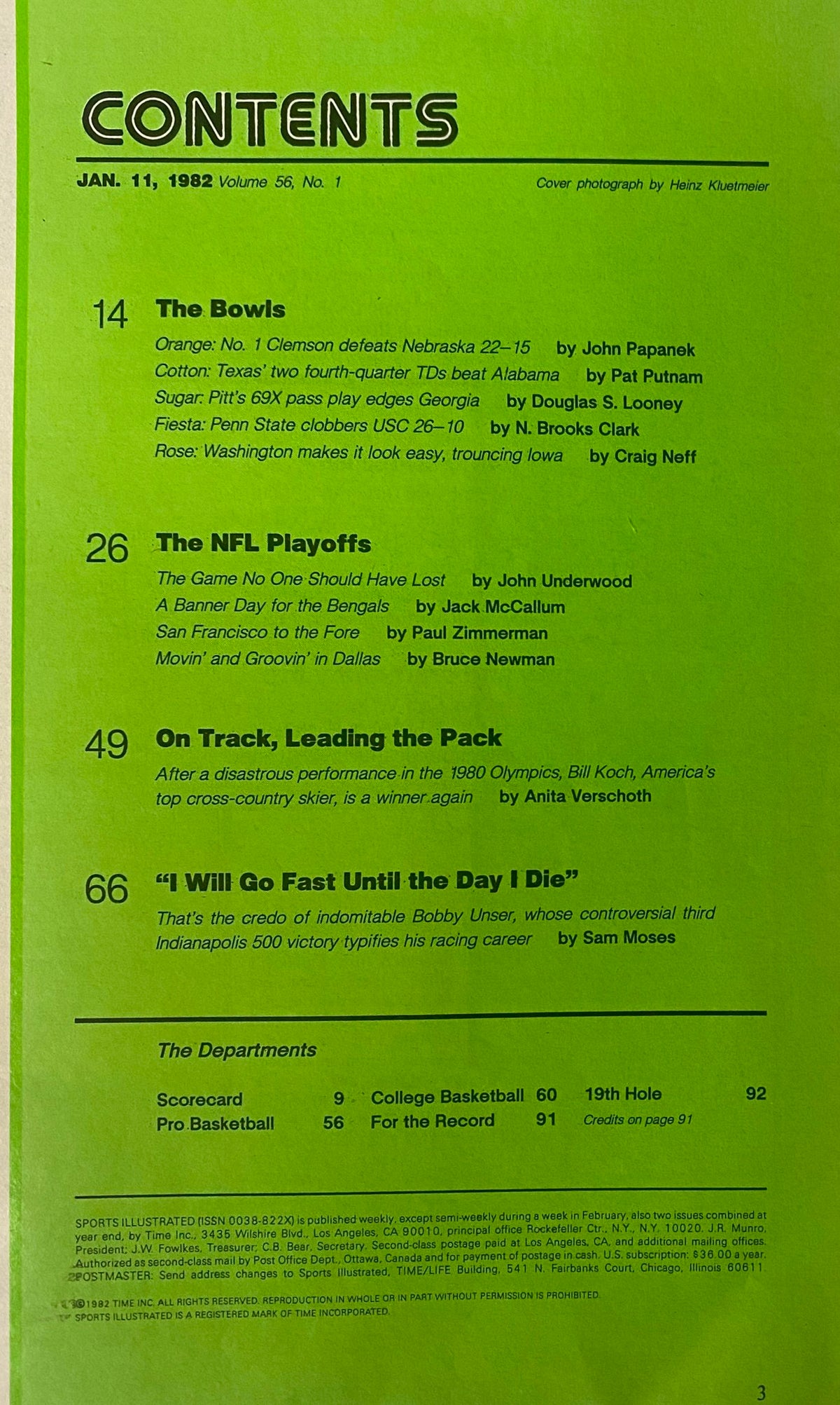 Contents page of Sports Illustrated Magazine January 11, 1982 Vol 56 No. 1, detailing major bowl games and NFL playoff reports, featuring Perry Tuttle on the cover.