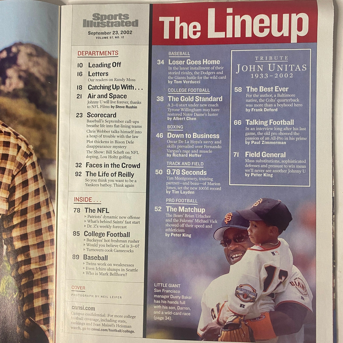 Sports Illustrated Magazine September 23, 2002, featuring the lineup of articles including a tribute to Johnny Unitas (1933–2002), baseball highlights, college football updates, and more.