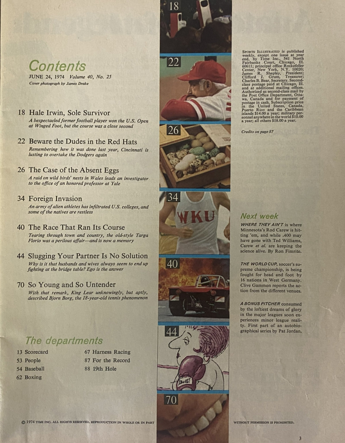 Contents page of Sports Illustrated Magazine June 24, 1974, Vol. 40 No. 25, highlighting articles on Hale Irwin, the Cincinnati Reds, and Björn Borg among other sports topics.