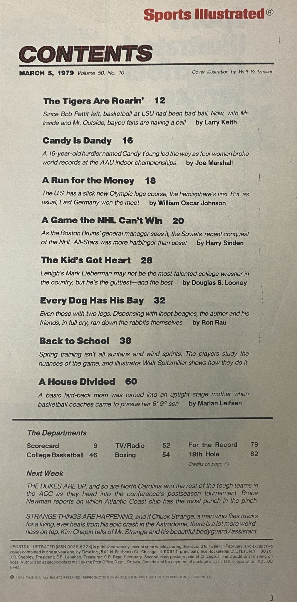 Table of contents from Sports Illustrated Magazine, March 5, 1979, Vol. 50 No. 10, detailing articles including 'The Tigers Are Roarin'' and 'Candy Is Dandy'.