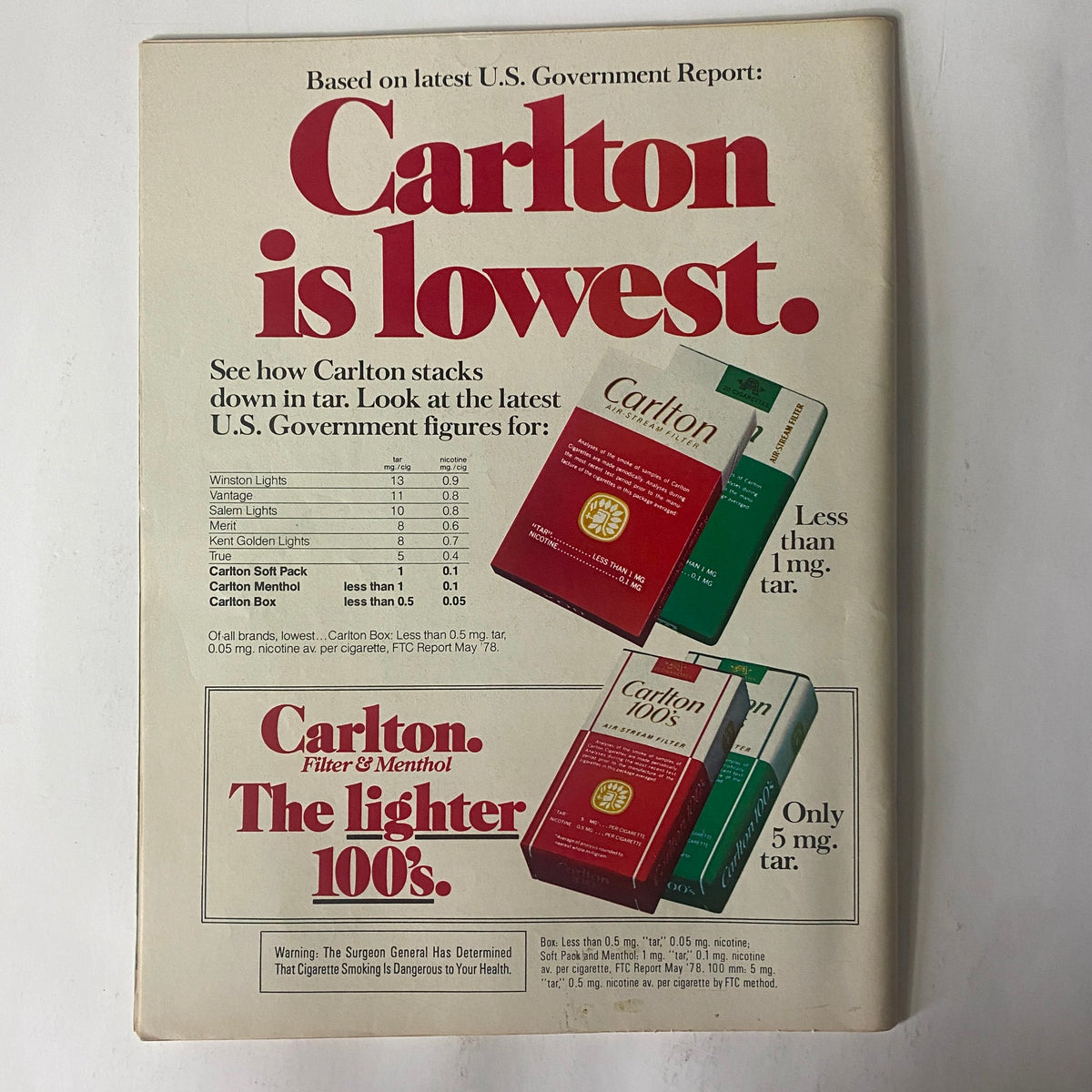 Vintage advertisement for Carlton cigarettes highlighting low tar levels, featured in Sports Illustrated Magazine March 5, 1979 (Vol 50 No. 10, Spring Training).