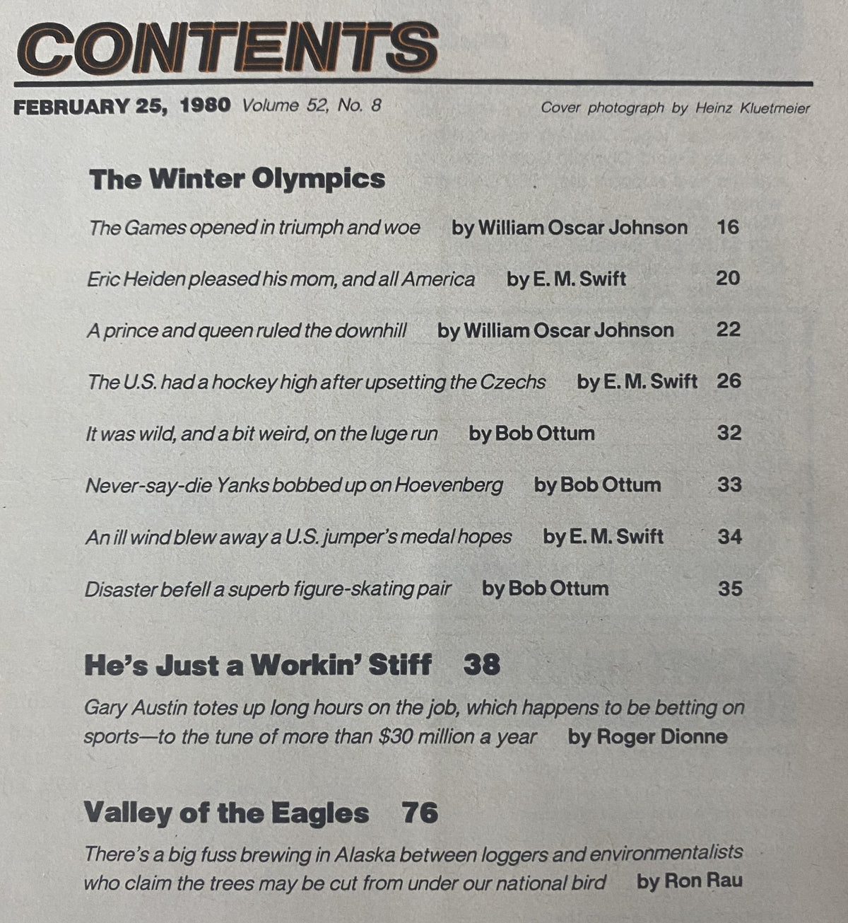 Contents page of Sports Illustrated Magazine February 25, 1980 including articles on the Winter Olympics and Eric Heiden's achievements.