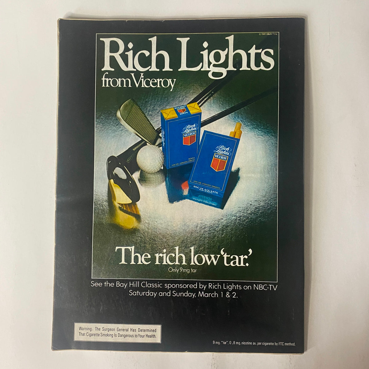 Advertisement for Rich Lights cigarettes from Viceroy in Sports Illustrated Magazine February 25, 1980, showcasing their product with a golfing theme.