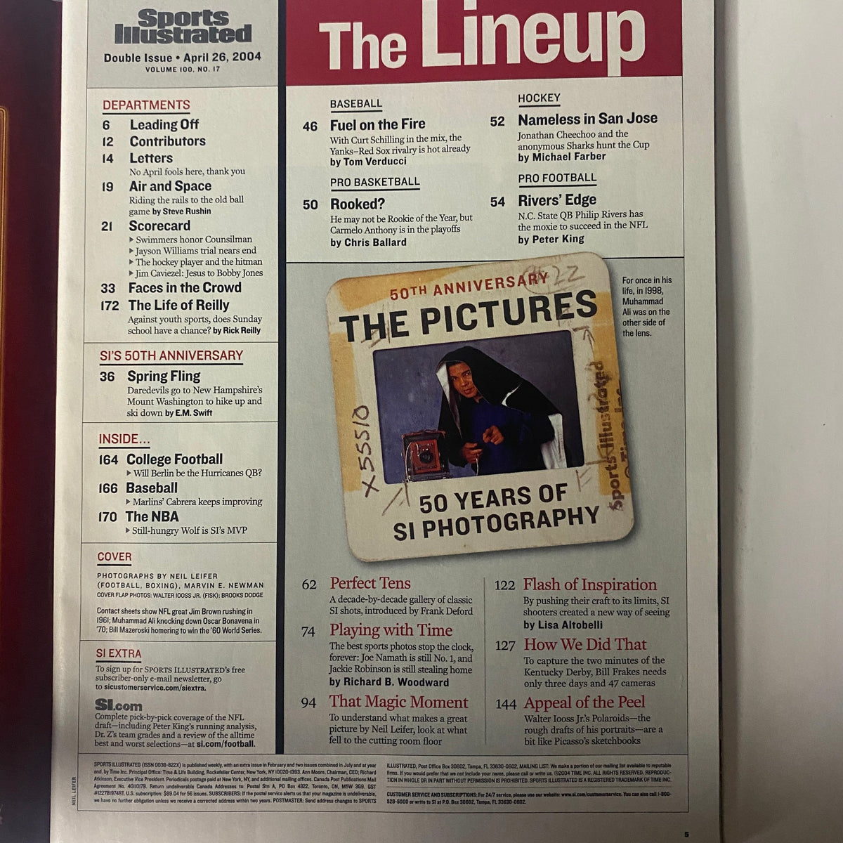 Inside page from Sports Illustrated Magazine April 26, 2004, listing key sections and articles including 'Fuel on the Fire' and 'Nameless in San Jose', commemorating 50 years of SI photography.