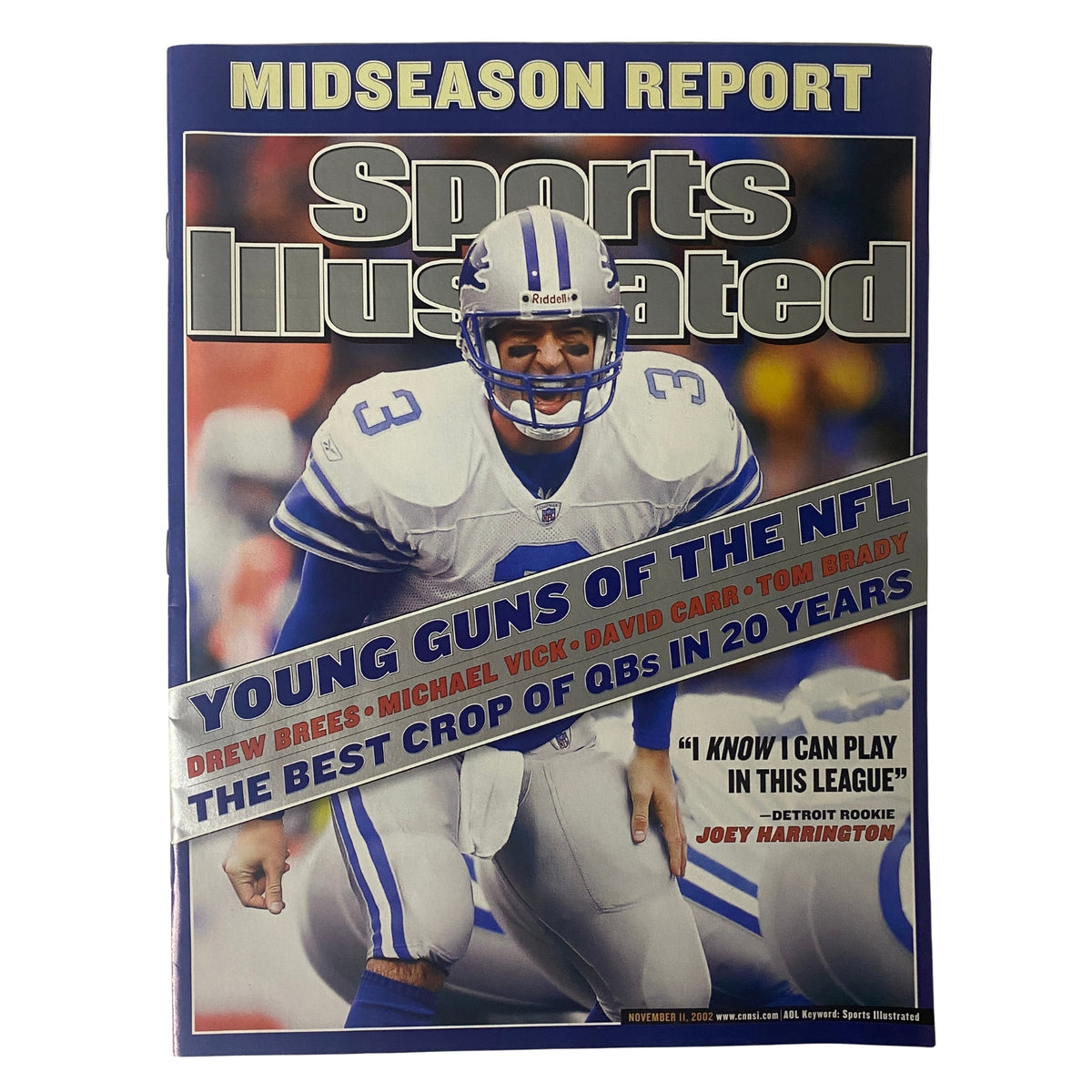 Cover of Sports Illustrated Magazine from November 11, 2002, featuring rookie quarterback Joey Harrington of the Detroit Lions, highlighting the NFL Midseason Report on top young quarterbacks.