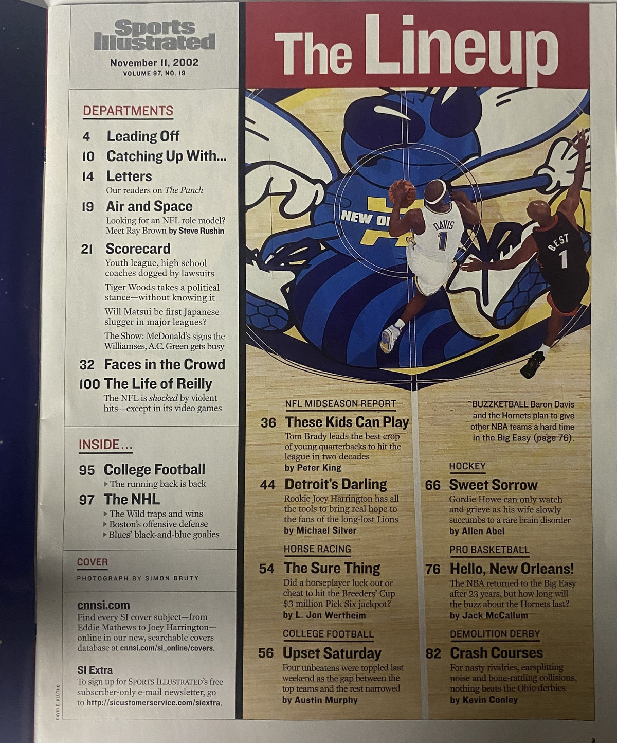 Interior page of Sports Illustrated Magazine November 11, 2002, showcasing the lineup of articles including NFL Midseason Report, featuring Joey Harrington, and other sports coverage.