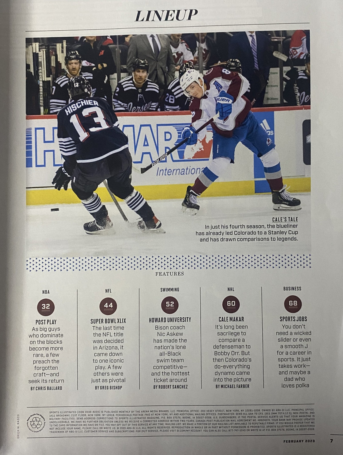 Sports Illustrated Magazine February 2023 featuring a lineup of sports articles including Nikola Jokić and LeBron James cover story, alongside highlights about Super Bowl XLIX, Howard University's swim team, and Cale Makar's defense in hockey.