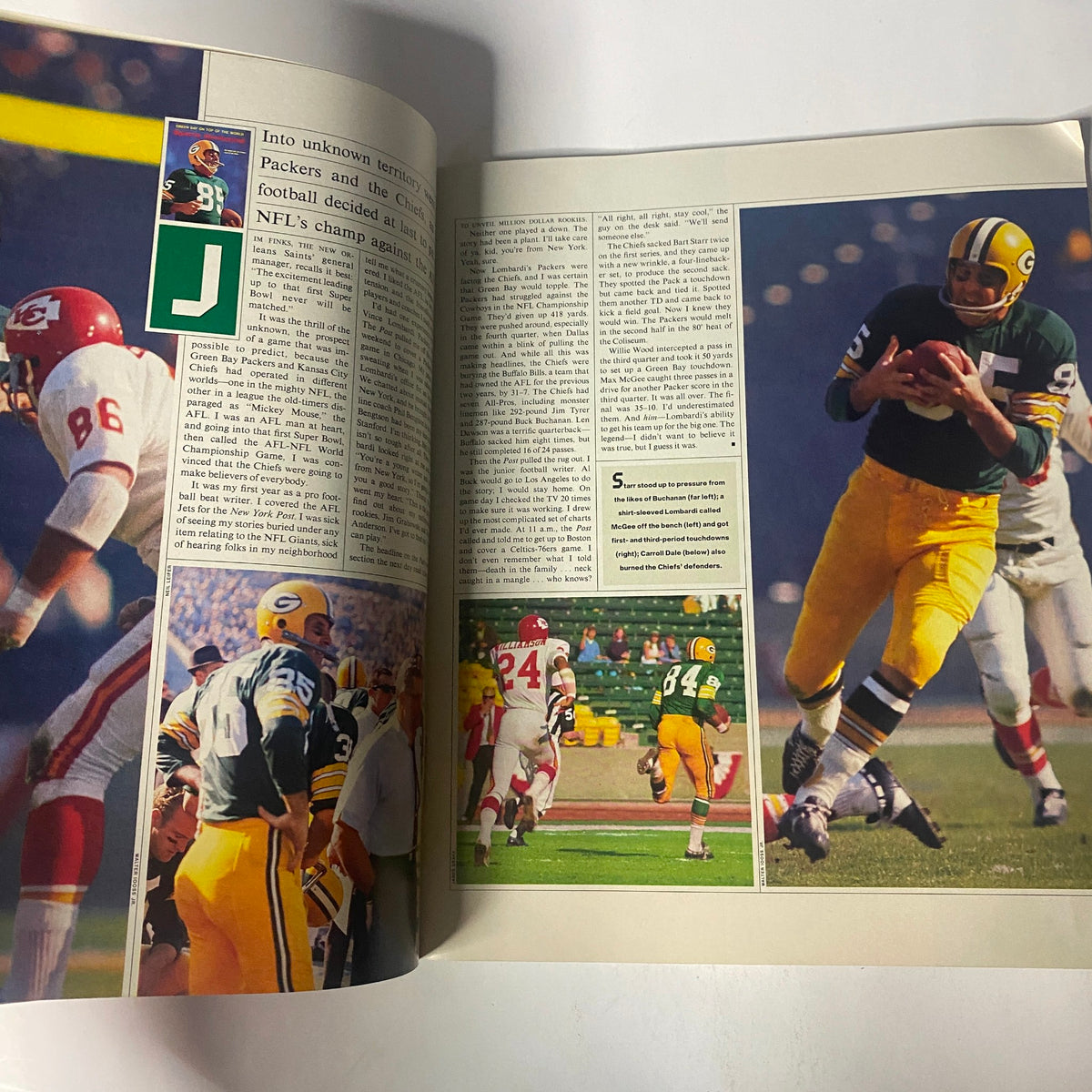 Another inside page of the 1991 Sports Illustrated issue 'Dr. Z's 25 Years of Super Bowl Memories' with a collage of famous football players showcasing NFL action.