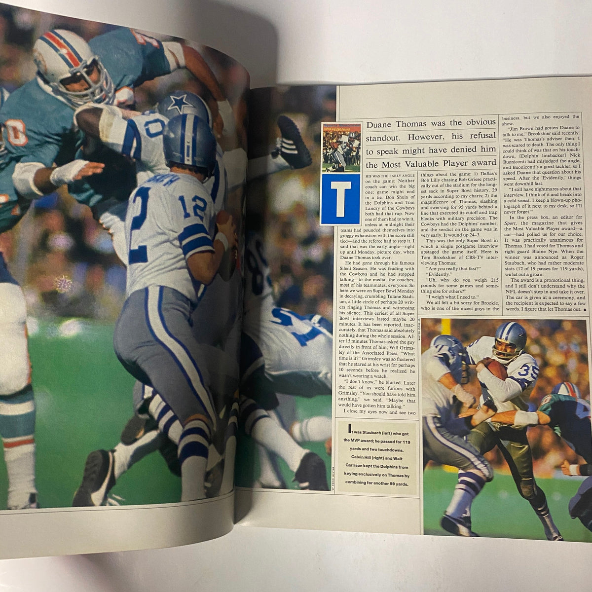 A detailed inside page from 'Dr. Z's 25 Years of Super Bowl Memories' in Sports Illustrated, featuring analysis and images related to a significant Super Bowl moment.