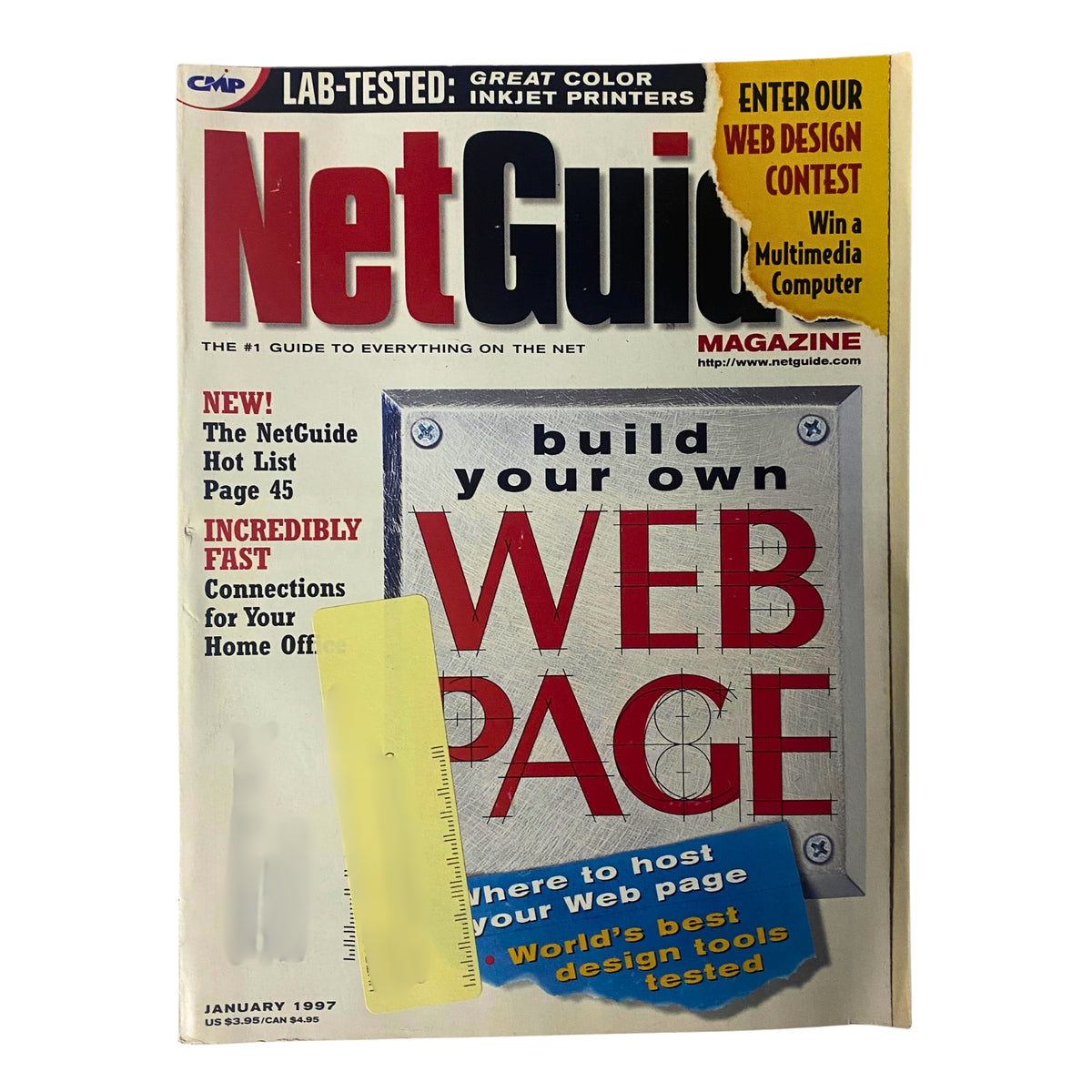 NetGuide Magazine January 1997 cover featuring the title and main themes including 'World's Best Design Tools Tested', with visual highlights on web design and a banner for a web design contest.