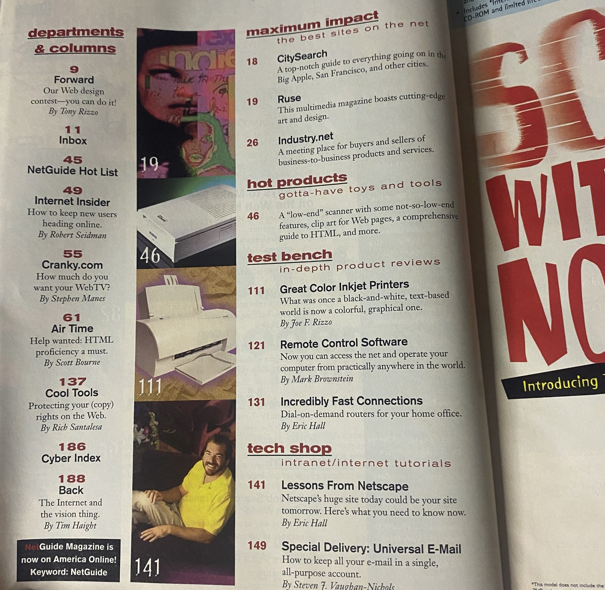 Interior page of NetGuide Magazine January 1997 showcasing contents such as departments, columns, and features, including topics on web design tools, product reviews, and internet culture.