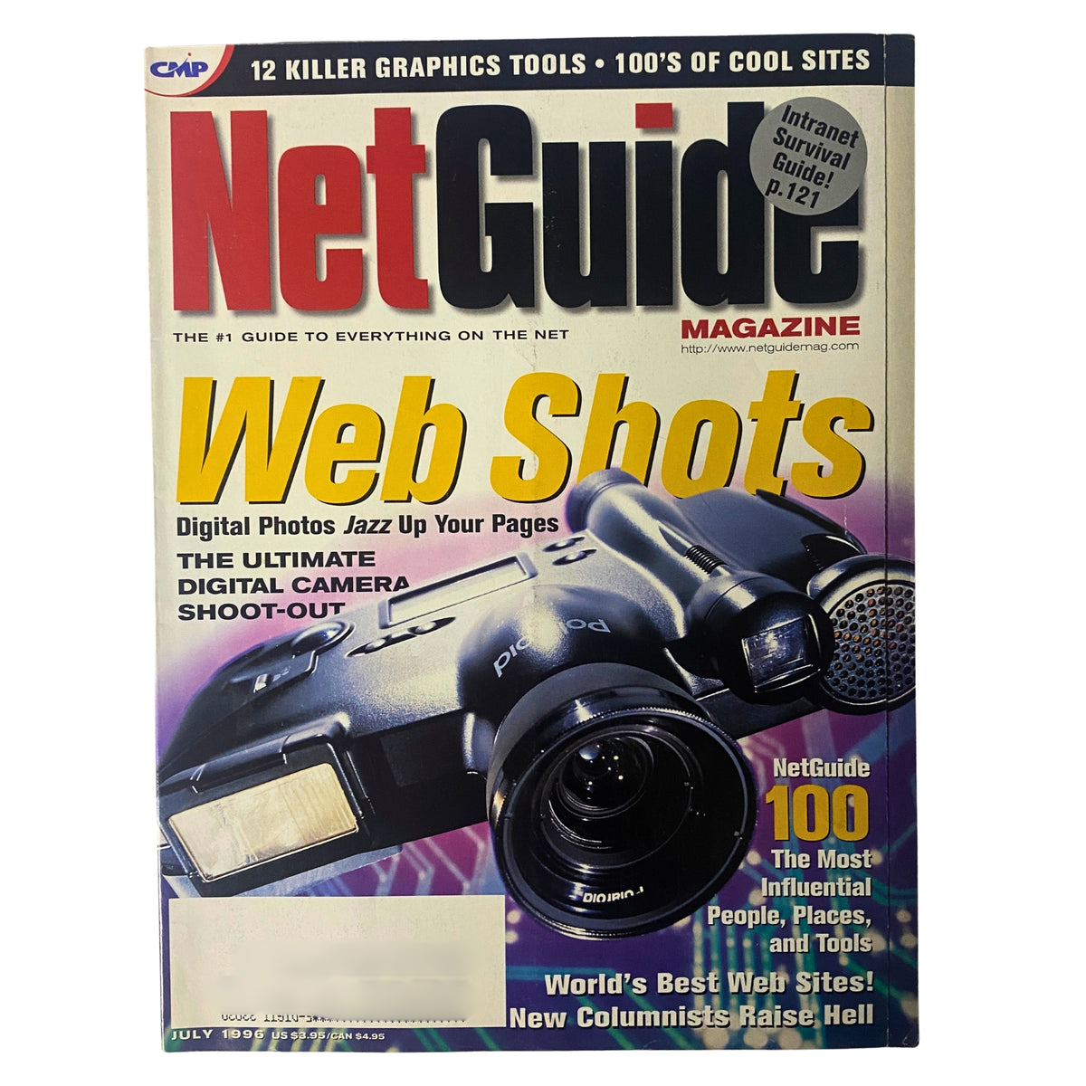 Cover of NetGuide Magazine July 1996 Vol 3 No. 7 featuring Web Shots: Digital Photos, showcasing a digital camera and headlines about the ultimate digital camera shoot-out and the NetGuide 100 list.