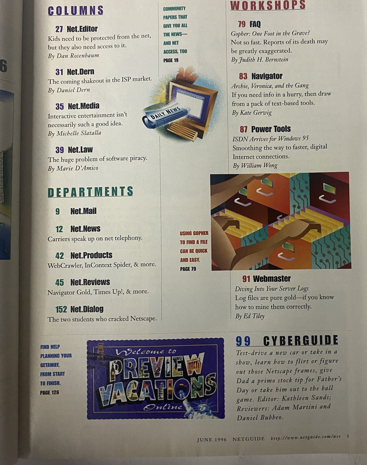 NetGuide Magazine June 1996 interior page showcasing article titles including columns on internet safety, ISP market, and software reviews.