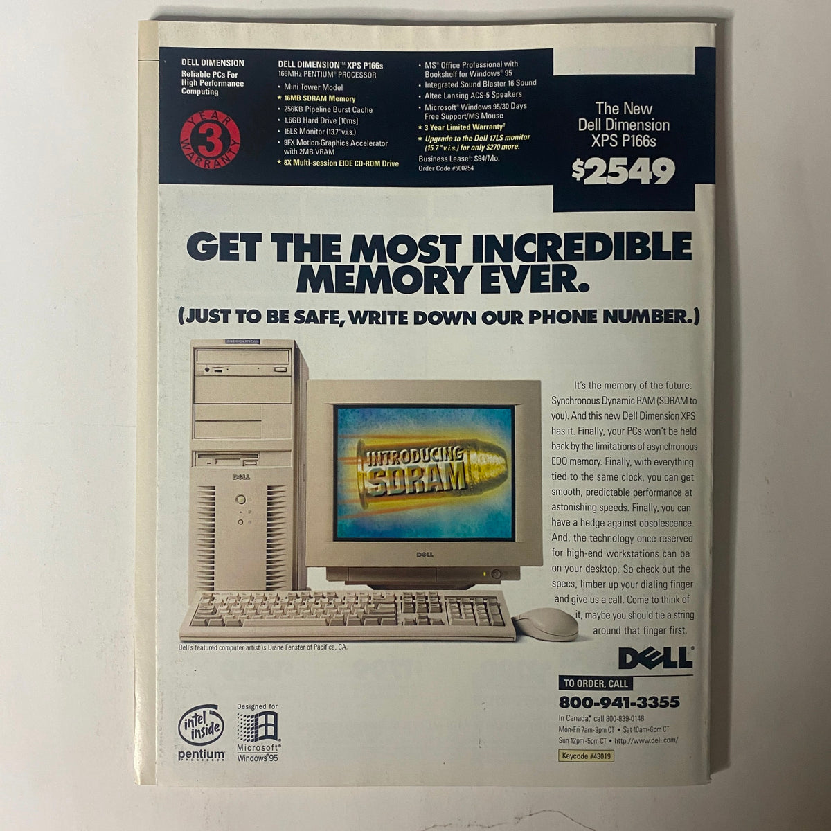 NetGuide Magazine June 1996 advertisement for the Dell Dimension XPS P166, emphasizing its features and affordability alongside a vintage computing setup.