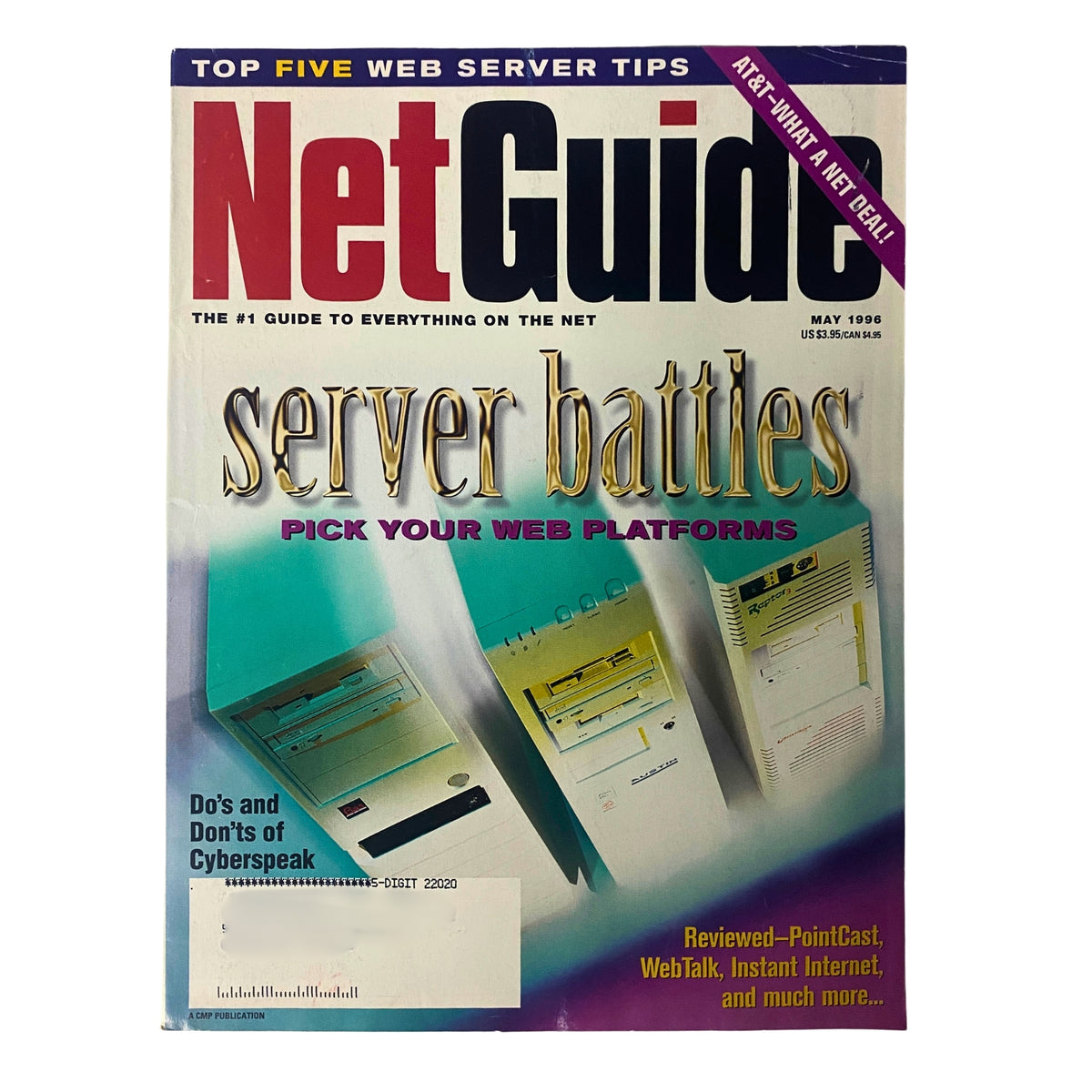 Cover of NetGuide Magazine May 1996 featuring the title 'Server Battles - Pick Your Web Platforms' along with images of computer servers in aqua and white. This issue focuses on selecting the best web platforms during the growth of the internet.