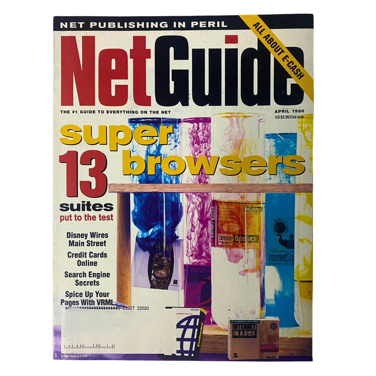 Cover of NetGuide Magazine April 1996 featuring the title 'Super Browsers & 13 Suites Put To The Test' showcasing a colorful design and themes of browser technology and internet culture.